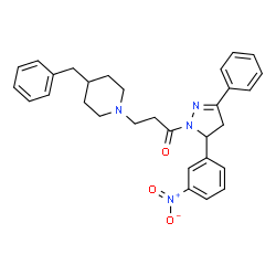 ChemSpider 2D Image | 3-(4-Benzyl-1-piperidinyl)-1-[5-(3-nitrophenyl)-3-phenyl-4,5-dihydro-1H-pyrazol-1-yl]-1-propanone | C30H32N4O3
