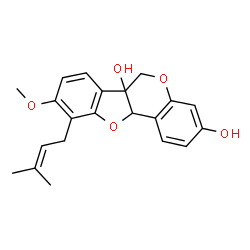 ChemSpider 2D Image | 9-Methoxy-10-(3-methyl-2-buten-1-yl)-6H-[1]benzofuro[3,2-c]chromene-3,6a(11aH)-diol | C21H22O5