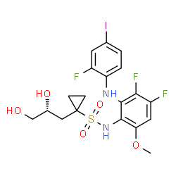 ChemSpider 2D Image | N-{3,4-Difluoro-2-[(2-fluoro-4-iodophenyl)amino]-6-methoxyphenyl}-1-[(2R)-2,3-dihydroxypropyl]cyclopropanesulfonamide | C19H20F3IN2O5S