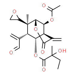 ChemSpider 2D Image | (1R,5S,6R,7S,8S,9S)-9-Acetoxy-8-methyl-4-methylene-8-[(2R)-2-oxiranyl]-3-oxo-7-(3-oxo-1-propen-2-yl)-2-oxabicyclo[3.3.1]non-6-yl 2-hydroxy-2-methylbutanoate | C22H28O9
