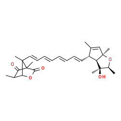 ChemSpider 2D Image | 7-{(1E,3E,5E,7E)-8-[(2S,3S,3aR,4S,6aR)-3-Hydroxy-2,3,5,6a-tetramethyl-3,3a,4,6a-tetrahydro-2H-cyclopenta[b]furan-4-yl]-1,3,5,7-octatetraen-1-yl}-4,6,7-trimethyl-2-oxabicyclo[2.2.1]heptane-3,5-dione | C28H36O5