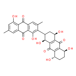 ChemSpider 2D Image | (1S,4R,5S,8S)-1,1',4,5,5',8-Hexahydroxy-3',7'-dimethyl-1,2,3,4,5,6,7,8-octahydro-2,2'-bianthracene-9,9',10,10'-tetrone | C30H26O10