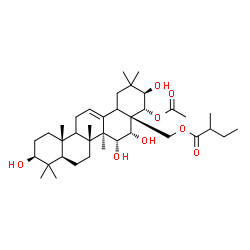 ChemSpider 2D Image | (3beta,9xi,15alpha,16alpha,18xi,21beta,22alpha)-22-Acetoxy-3,15,16,21-tetrahydroxyolean-12-en-28-yl 2-methylbutanoate | C37H60O8