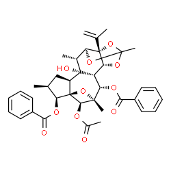 ChemSpider 2D Image | (1R,2S,3S,6R,7S,8S,10S,11R,12R,13S,17S,19R)-19-Acetoxy-11-hydroxy-17-isopropenyl-4,8,12,15-tetramethyl-5,14,16,18-tetraoxahexacyclo[13.2.1.1~4,6~.0~2,11~.0~6,10~.0~13,17~]nonadecane-3,7-diyl dibenzoat
e | C38H42O11