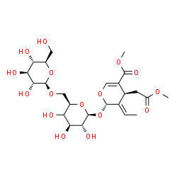 ChemSpider 2D Image | Methyl (2S,3E,4S)-3-ethylidene-2-{[(4xi)-6-O-(beta-D-glucopyranosyl)-beta-D-xylo-hexopyranosyl]oxy}-4-(2-methoxy-2-oxoethyl)-3,4-dihydro-2H-pyran-5-carboxylate | C24H36O16