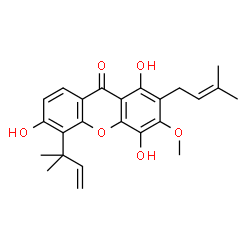 ChemSpider 2D Image | 1,4,6-Trihydroxy-3-methoxy-5-(2-methyl-3-buten-2-yl)-2-(3-methyl-2-buten-1-yl)-9H-xanthen-9-one | C24H26O6