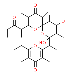 ChemSpider 2D Image | 8-[1-(6-Ethyl-3,5-dimethyl-4-oxo-4H-pyran-2-yl)ethyl]-8,10-dihydroxy-3,5,9,11-tetramethyl-2-(3-oxo-2-pentanyl)-1,7-dioxaspiro[5.5]undecan-4-one | C29H44O8