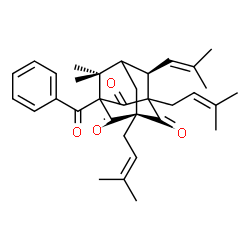 ChemSpider 2D Image | (3S,8R)-5-Benzoyl-6,6-dimethyl-1,3-bis(3-methyl-2-buten-1-yl)-8-(2-methyl-1-propen-1-yl)-2,4,9-adamantanetrione | C33H40O4