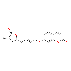 ChemSpider 2D Image | 7-{[(2E)-3-Methyl-4-(4-methylene-5-oxotetrahydro-2-furanyl)-2-buten-1-yl]oxy}-2H-chromen-2-one | C19H18O5