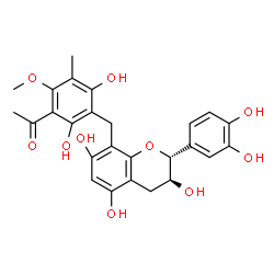 ChemSpider 2D Image | 1-(3-{[(2R,3S)-2-(3,4-Dihydroxyphenyl)-3,5,7-trihydroxy-3,4-dihydro-2H-chromen-8-yl]methyl}-2,4-dihydroxy-6-methoxy-5-methylphenyl)ethanone | C26H26O10