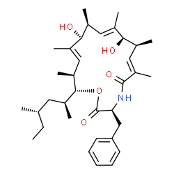 ChemSpider 2D Image | (3S,6E,8S,9R,10E,12S,13S,14E,16S,17R)-3-Benzyl-9,13-dihydroxy-6,8,10,12,14,16-hexamethyl-17-[(2S,4S)-4-methyl-2-hexanyl]-1-oxa-4-azacycloheptadeca-6,10,14-triene-2,5-dione | C35H53NO5