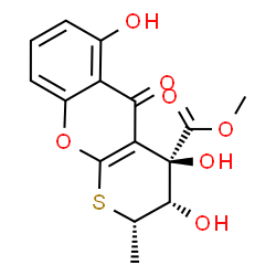 ChemSpider 2D Image | Methyl (2S,3S,4R)-3,4,6-trihydroxy-2-methyl-5-oxo-3,4-dihydro-2H,5H-thiopyrano[2,3-b]chromene-4-carboxylate | C15H14O7S