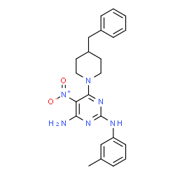 ChemSpider 2D Image | 6-(4-Benzyl-1-piperidinyl)-N~2~-(3-methylphenyl)-5-nitro-2,4-pyrimidinediamine | C23H26N6O2