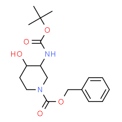 ChemSpider 2D Image | Benzyl 4-hydroxy-3-({[(2-methyl-2-propanyl)oxy]carbonyl}amino)-1-piperidinecarboxylate | C18H26N2O5