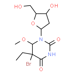 ChemSpider 2D Image | 5-Bromo-1-(2-deoxypentofuranosyl)-5-ethyl-6-methoxydihydro-2,4(1H,3H)-pyrimidinedione | C12H19BrN2O6