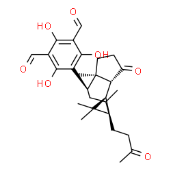 ChemSpider 2D Image | 5-[(1R)-1-{(1R,2R)-2-[(1R,3R)-2,2-Dimethyl-3-(3-oxobutyl)cyclopropyl]-1-methyl-3-oxocyclopentyl}-3-methylbutyl]-2,4,6-trihydroxyisophthalaldehyde | C28H38O7