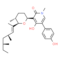 ChemSpider 2D Image | 3-{(2S,5R,6R)-6-[(2E,4R,6S)-4,6-Dimethyl-2-octen-2-yl]-5-methyltetrahydro-2H-pyran-2-yl}-4-hydroxy-5-(4-hydroxyphenyl)-1-methyl-2(1H)-pyridinone | C28H39NO4