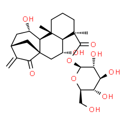 ChemSpider 2D Image | 1-O-[(5beta,6beta,8alpha,9beta,10alpha,11beta,13alpha)-6,11-Dihydroxy-15,18-dioxokaur-16-en-18-yl]-beta-D-glucopyranose | C26H38O10