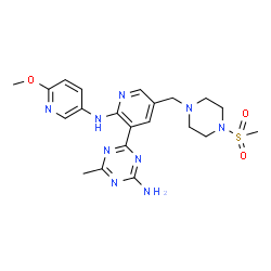 ChemSpider 2D Image | 4-(2-[(6-Methoxy-3-pyridinyl)amino]-5-{[4-(methylsulfonyl)-1-piperazinyl]methyl}-3-pyridinyl)-6-methyl-1,3,5-triazin-2-amine | C21H27N9O3S