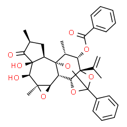ChemSpider 2D Image | (1R,2R,4S,6S,7S,8S,10R,11S,12R,16S,17S,18R)-6,7-Dihydroxy-16-isopropenyl-4,8,18-trimethyl-5-oxo-14-phenyl-9,13,15,19-tetraoxahexacyclo[12.4.1.0~1,11~.0~2,6~.0~8,10~.0~12,16~]nonadec-17-yl benzoate | C34H36O9