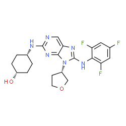ChemSpider 2D Image | cis-4-({9-[(3S)-Tetrahydro-3-furanyl]-8-[(2,4,6-trifluorophenyl)amino]-9H-purin-2-yl}amino)cyclohexanol | C21H23F3N6O2