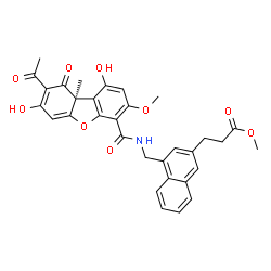 ChemSpider 2D Image | Methyl 3-{4-[({[(9aS)-8-acetyl-1,7-dihydroxy-3-methoxy-9a-methyl-9-oxo-9,9a-dihydrodibenzo[b,d]furan-4-yl]carbonyl}amino)methyl]-2-naphthyl}propanoate | C32H29NO9