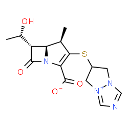 ChemSpider 2D Image | (4R,5S,6S)-3-(6,7-Dihydro-5H-pyrazolo[1,2-a][1,2,4]triazol-4-ium-6-ylsulfanyl)-6-(1-hydroxyethyl)-4-methyl-7-oxo-1-azabicyclo[3.2.0]hept-2-ene-2-carboxylate | C15H18N4O4S