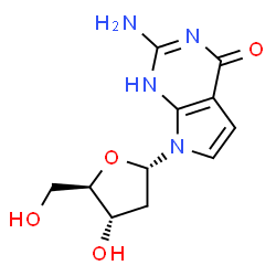 ChemSpider 2D Image | 2-Amino-7-(2-deoxy-alpha-D-erythro-pentofuranosyl)-1,7-dihydro-4H-pyrrolo[2,3-d]pyrimidin-4-one | C11H14N4O4