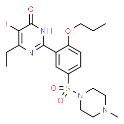 ChemSpider 2D Image | 6-Ethyl-5-iodo-2-{5-[(4-methyl-1-piperazinyl)sulfonyl]-2-propoxyphenyl}-4(1H)-pyrimidinone | C20H27IN4O4S
