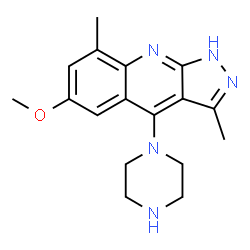 ChemSpider 2D Image | 6-Methoxy-3,8-dimethyl-4-(1-piperazinyl)-1H-pyrazolo[3,4-b]quinoline | C17H21N5O