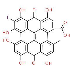 ChemSpider 2D Image | 1,6,8,10,11,13-Hexahydroxy-12-iodo-4-methyl-7,14-dioxo-7,14-dihydrophenanthro[1,10,9,8-opqra]perylene-3-carboxylic acid | C30H13IO10