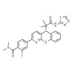 ChemSpider 2D Image | 2-Fluoro-N,N-dimethyl-4-{(5R)-5-[2-methyl-1-oxo-1-(1,3,4-thiadiazol-2-ylamino)-2-propanyl]-5H-chromeno[2,3-b]pyridin-2-yl}benzamide | C27H24FN5O3S