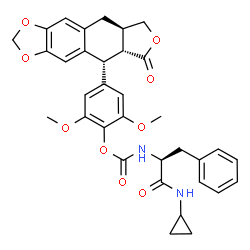 ChemSpider 2D Image | 2,6-Dimethoxy-4-[(5R,5aR,8aR)-6-oxo-5,5a,6,8,8a,9-hexahydrofuro[3',4':6,7]naphtho[2,3-d][1,3]dioxol-5-yl]phenyl [(2S)-1-(cyclopropylamino)-1-oxo-3-phenyl-2-propanyl]carbamate | C34H34N2O9