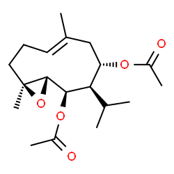 ChemSpider 2D Image | (1S,2R,3R,4S,6E,10S)-3-Isopropyl-6,10-dimethyl-11-oxabicyclo[8.1.0]undec-6-ene-2,4-diyl diacetate | C19H30O5