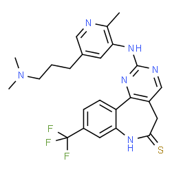 ChemSpider 2D Image | 2-({5-[3-(Dimethylamino)propyl]-2-methyl-3-pyridinyl}amino)-9-(trifluoromethyl)-5,7-dihydro-6H-pyrimido[5,4-d][1]benzazepine-6-thione | C24H25F3N6S