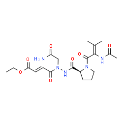 ChemSpider 2D Image | Ethyl (2E)-4-[2-{[(2S)-1-(2-acetamido-3-methyl-2-butenoyl)-2-pyrrolidinyl]carbonyl}-1-(2-amino-2-oxoethyl)hydrazino]-4-oxo-2-butenoate | C20H29N5O7