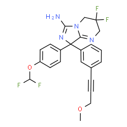 ChemSpider 2D Image | 8-[4-(Difluoromethoxy)phenyl]-3,3-difluoro-8-[3-(3-methoxy-1-propyn-1-yl)phenyl]-2,3,4,8-tetrahydroimidazo[1,5-a]pyrimidin-6-amine | C23H20F4N4O2