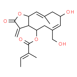 ChemSpider 2D Image | (6E,10E)-8-Hydroxy-6-(hydroxymethyl)-10-methyl-3-methylene-2-oxo-2,3,3a,4,5,8,9,11a-octahydrocyclodeca[b]furan-4-yl (2E)-2-methyl-2-butenoate | C20H26O6