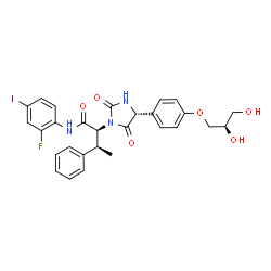 ChemSpider 2D Image | (2S,3S)-2-[(4R)-4-{4-[(2R)-2,3-Dihydroxypropoxy]phenyl}-2,5-dioxo-1-imidazolidinyl]-N-(2-fluoro-4-iodophenyl)-3-phenylbutanamide | C28H27FIN3O6