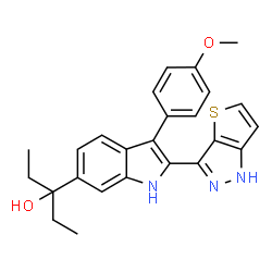ChemSpider 2D Image | 3-[3-(4-Methoxyphenyl)-2-(1H-thieno[3,2-c]pyrazol-3-yl)-1H-indol-6-yl]-3-pentanol | C25H25N3O2S