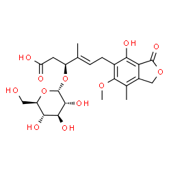 ChemSpider 2D Image | (3S,4E)-3-(alpha-D-Glucopyranosyloxy)-6-(4-hydroxy-6-methoxy-7-methyl-3-oxo-1,3-dihydro-2-benzofuran-5-yl)-4-methyl-4-hexenoic acid | C23H30O12