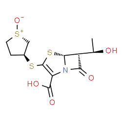 ChemSpider 2D Image | (3S)-3-({(5R,6S)-2-Carboxy-6-[(1R)-1-hydroxyethyl]-7-oxo-4-thia-1-azabicyclo[3.2.0]hept-2-en-3-yl}sulfanyl)tetrahydro-1-thiopheniumolate | C12H15NO5S3