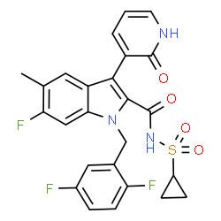 ChemSpider 2D Image | N-(Cyclopropylsulfonyl)-1-(2,5-difluorobenzyl)-6-fluoro-5-methyl-3-(2-oxo-1,2-dihydro-3-pyridinyl)-1H-indole-2-carboxamide | C25H20F3N3O4S