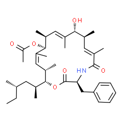 ChemSpider 2D Image | (3S,6E,8S,9R,10E,12S,13S,16S,17R)-3-Benzyl-9-hydroxy-6,8,10,12,14,16-hexamethyl-17-[(2S,4S)-4-methyl-2-hexanyl]-2,5-dioxo-1-oxa-4-azacycloheptadeca-6,10,14-trien-13-yl acetate | C37H55NO6