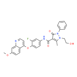 ChemSpider 2D Image | N-{3-Fluoro-4-[(7-methoxy-4-quinolinyl)oxy]phenyl}-1-(2-hydroxyethyl)-5-methyl-3-oxo-2-phenyl-2,3-dihydro-1H-pyrazole-4-carboxamide | C29H25FN4O5