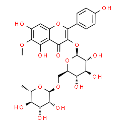 ChemSpider 2D Image | 5,7-Dihydroxy-2-(4-hydroxyphenyl)-6-methoxy-4-oxo-4H-chromen-3-yl 6-O-(6-deoxy-alpha-L-mannopyranosyl)-beta-D-glucopyranoside | C28H32O16