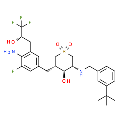 ChemSpider 2D Image | (3s,4s,5r)-3-{4-Amino-3-Fluoro-5-[(2s)-3,3,3-Trifluoro-2-Hydroxypropyl]benzyl}-5-[(3-Tert-Butylbenzyl)amino]tetrahydro-2h-Thiopyran-4-Ol 1,1-Dioxide | C26H34F4N2O4S