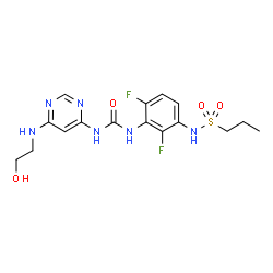 ChemSpider 2D Image | N-{2,4-Difluoro-3-[({6-[(2-hydroxyethyl)amino]-4-pyrimidinyl}carbamoyl)amino]phenyl}-1-propanesulfonamide | C16H20F2N6O4S