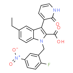 ChemSpider 2D Image | 5-Ethyl-1-(2-fluoro-5-nitrobenzyl)-3-(2-oxo-1,2-dihydro-3-pyridinyl)-1H-indole-2-carboxylic acid | C23H18FN3O5