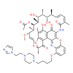 ChemSpider 2D Image | (7S,9E,11S,12R,13S,14R,15R,16R,17S,18S,19E,21Z)-2,15,17-Trihydroxy-32-(4-{4-[2-(1H-imidazol-1-yl)ethyl]-1-piperazinyl}butoxy)-11-methoxy-3,7,12,14,16,18,22-heptamethyl-6,23,37-trioxo-8,27,38-trioxa-24
,34-diazahexacyclo[23.11.1.1~4,7~.0~5,36~.0~26,35~.0~28,33~]octatriaconta-1(36),2,4,9,19,21,25,28,30,32,34-undecaen-13-yl acetate | C56H70N6O13